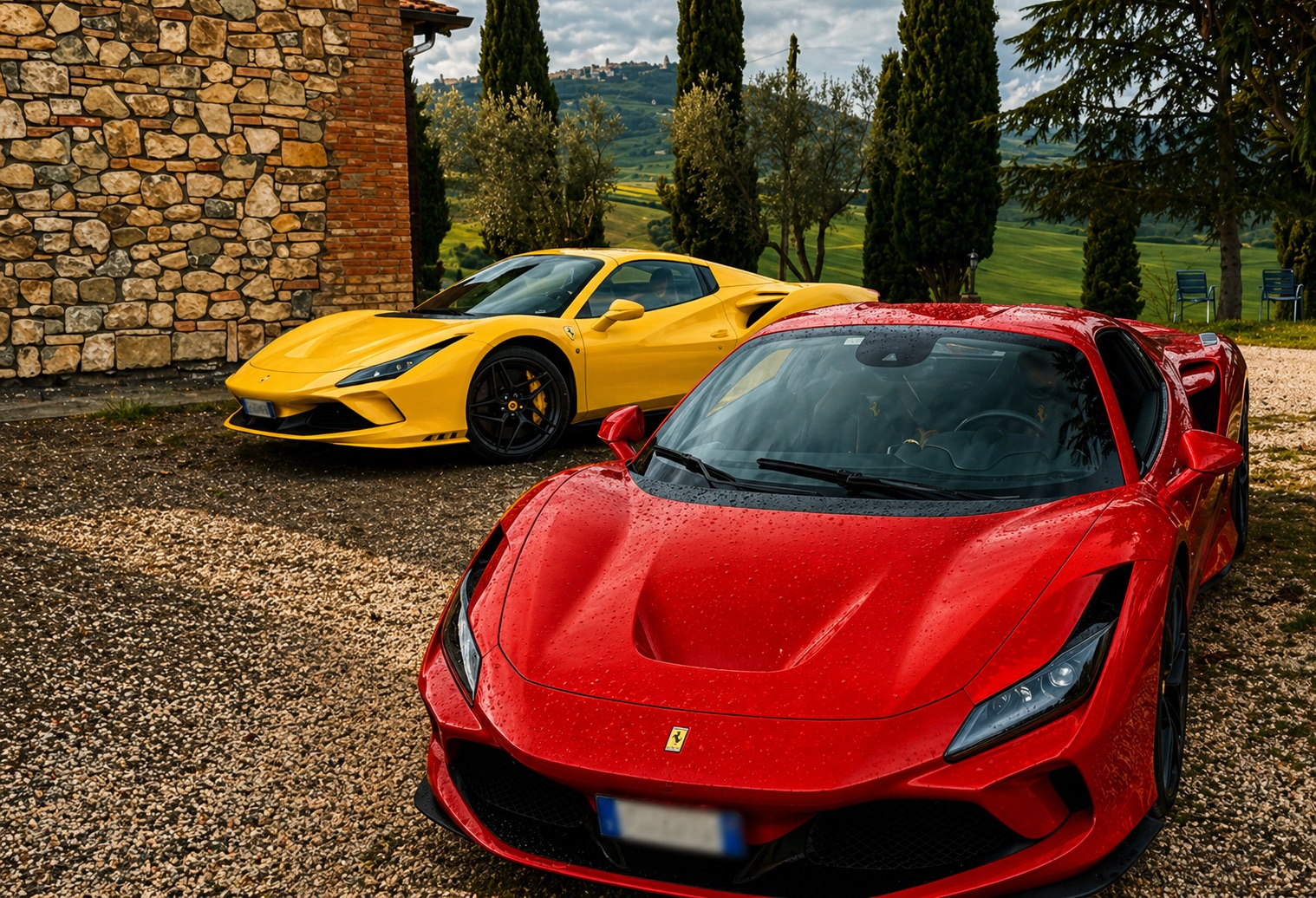 Ferrari cars in the Italian countryside